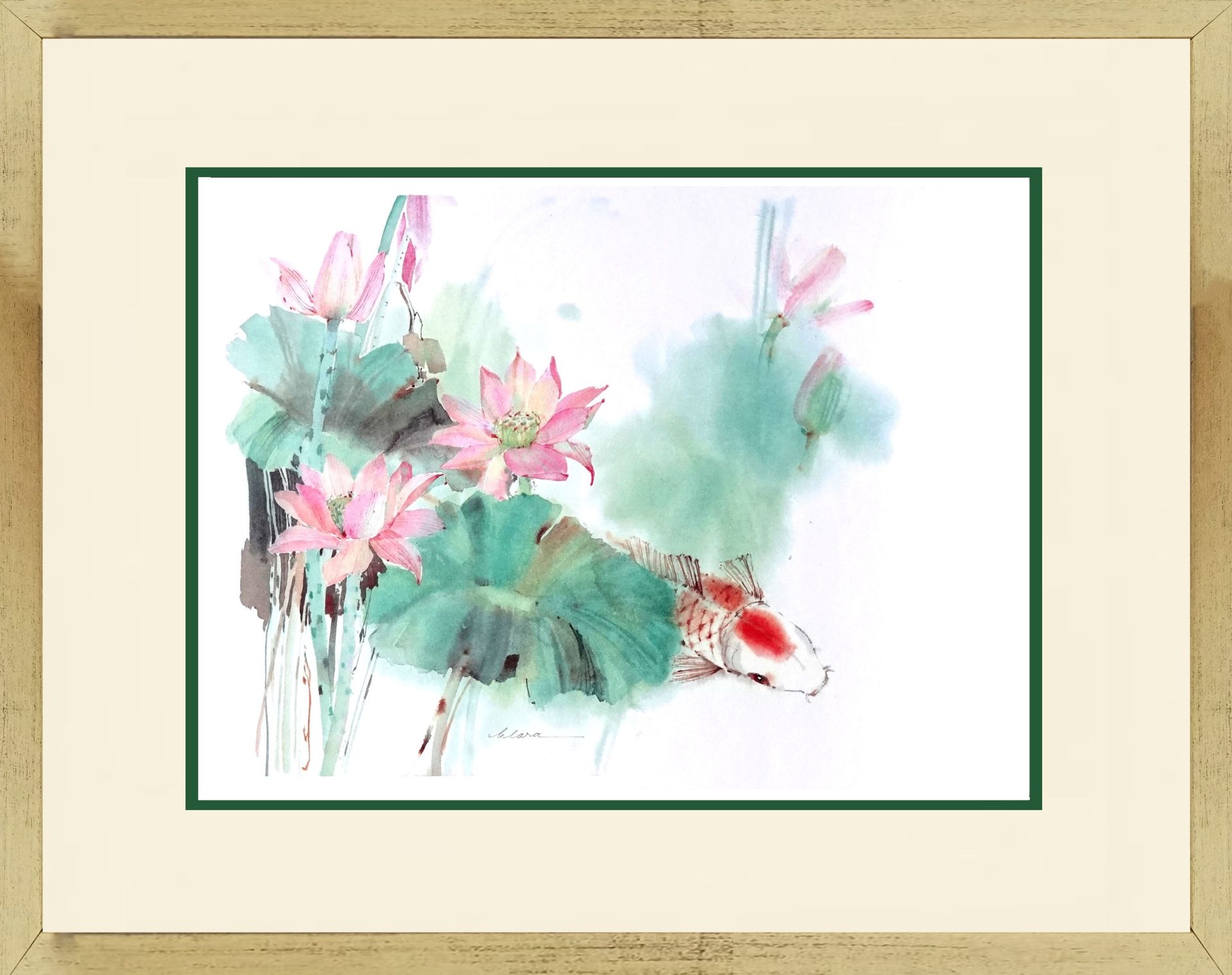 Watercolour Painting of Lotus pond with Koi Fish and Lily Flowers A